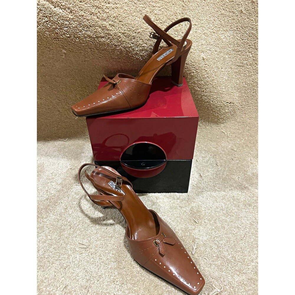 NICKELS Brown Leather Slingback Ankle Strap Buckle Bow Square Toe Heels